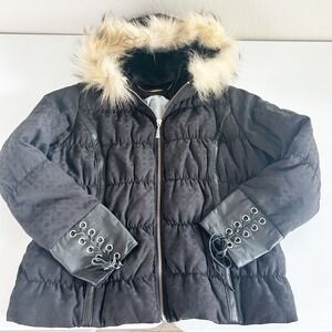 Rocawear Womens Y2K Monogram Leather Lace Up Fur Hood Down Puffer Jacket XXL